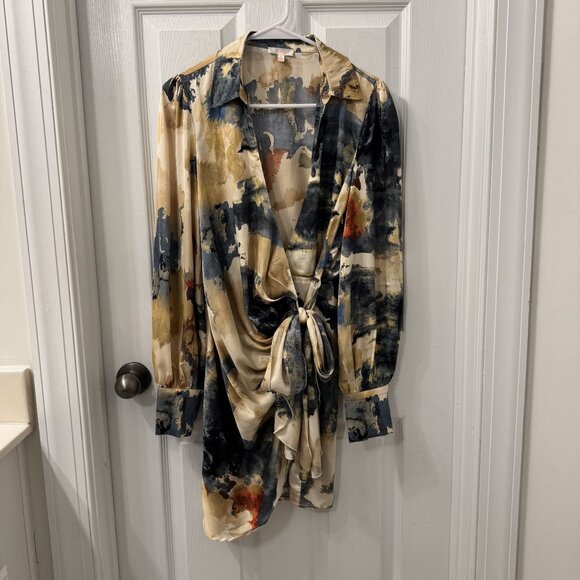 Luxxel Long Sleeve Satin Colorful Wrap Mini Dress Size S Abstract Fall Wedding - Picture 1 of 10